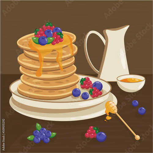 Tasty breakfast with pancakes. Vector flat illustration of pancakes with honey and berries.