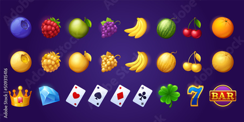 Icons for gambling slot machine in casino. Vector cartoon set of golden food symbols, fruits, play cards, gold crown, lucky clover, number 7, diamond and bar symbol