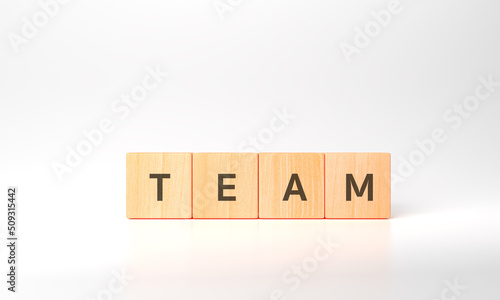 3d rendering Team building and success concept. Work collaboration for achieving goal and successful business. Start for planning to reach target. wooden cubes with team text, teamwork icons.