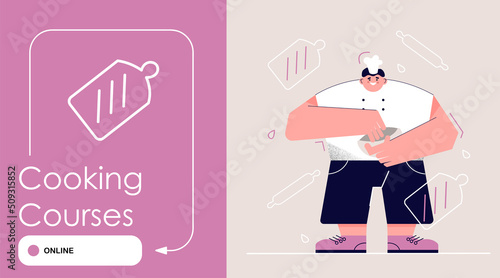 Online Cooking Courses, Culinary Workshop or Video Channel Banner, Poster. Online classes by a male chef, purple vector flat illustration.