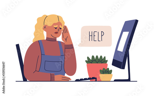 Young girl tired of hard working. Woman sitting in the office at the computer and sad because of work. Unhappy person overworked. Hand drawn color vector illustration in flat cartoon style.