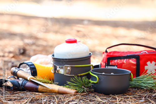 Tourist's survival kit in forest