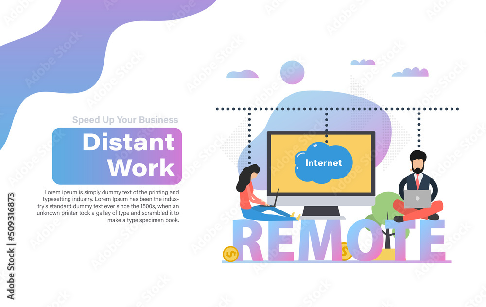 Vector illustration of remote workers with laptops Vector illustration of remote workers with laptops