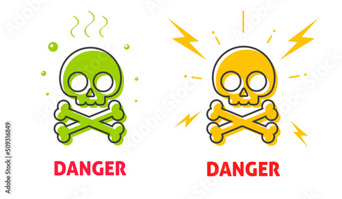 Danger skull hazard icon vector for mortal toxic and death chemical warning biohazard areas, safety electric shock death zone signage skeleton line outline art illustration image