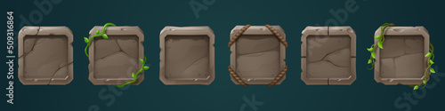 Stone frames for game user avatar. Vector cartoon set of empty square rock boards with jungle vines and ropes, old cracked stone panels isolated on background