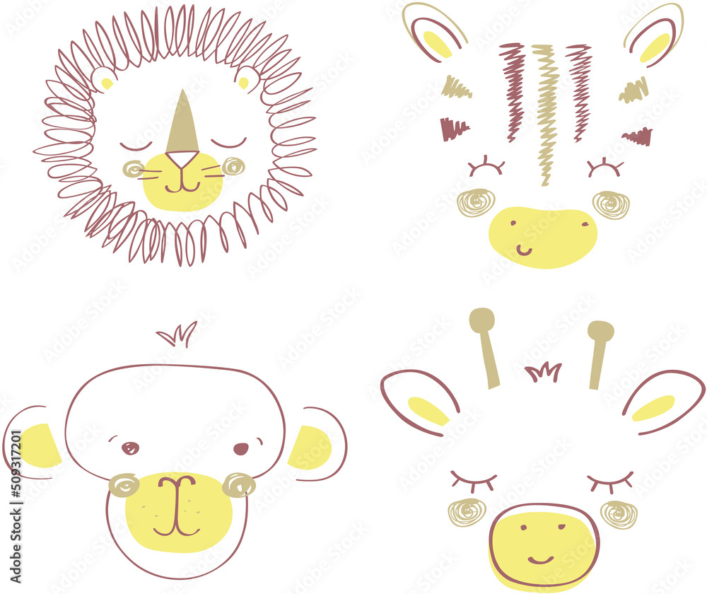 Cute animal face icons drawing Stock Vector | Adobe Stock
