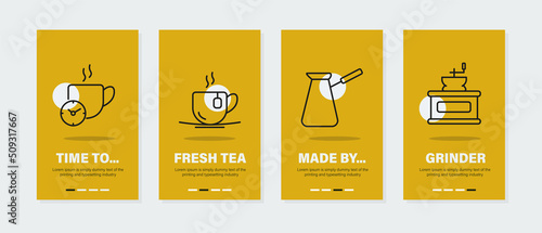 Posters with tea cup coffee cezve and grinder
