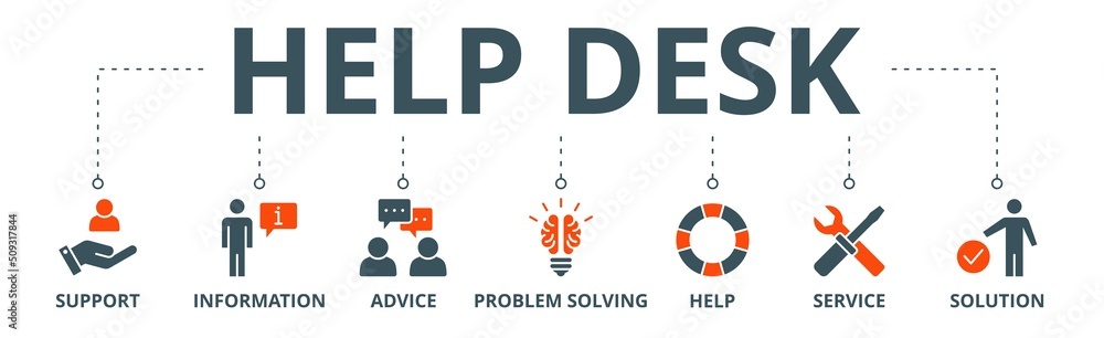 Help desk banner web icon vector illustration concept with icon of support, information, advice, problem solving, help, service and solutions Help desk banner web icon vector illustration concept with icon of support, information, advice, problem solving, help, service and solutions