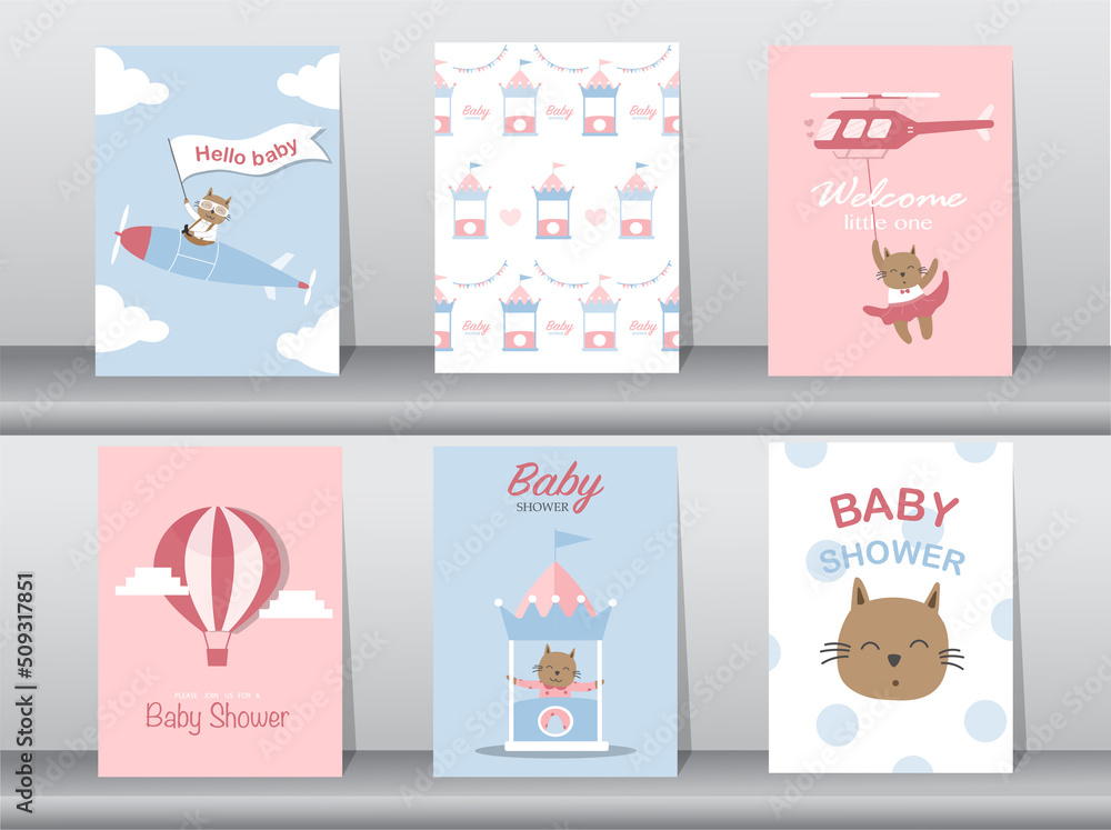 Set of baby shower invitation cards,happy birthday,poster,template,greeting,cute,cat,animal,Vector illustrations.