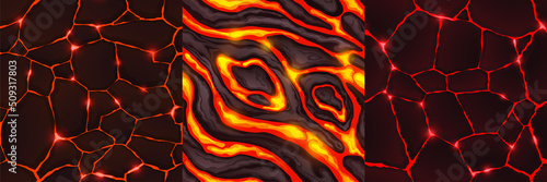 Textures of liquid lava flows and ground cracks with red light top view. Vector cartoon seamless patterns of hot molten magma surface, cracked rock with glow of fire inside