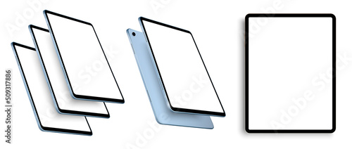 A modern tablet in various positions isolated on a white background. Layout, tablet template for your design or presentation. Front and side view, as well as in the air. Stock vector illustration
