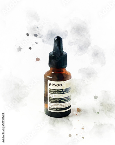 Face oil watercolor illustration. Skin care serum in a brown bottle with dropper. Beauty product painting. Hand drawn Aesop cosmetic item isolated on white background photo