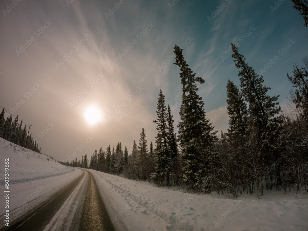 Winter road and pine trees with in Northern Sweden, Swedish nature landscape, view from driving car Winter road and pine trees with in Northern Sweden, Swedish nature landscape, view from driving car