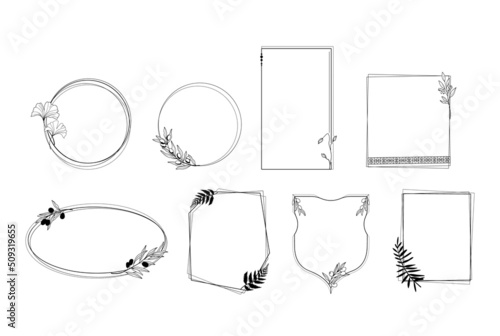 Elegant frames in greece style isolated clip arts bundle, round and square black and white frames set, floral olive branch decorative frames for text - vector images collection