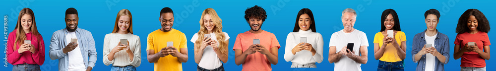 Set of multiethnic men and women with smartphones posing on blue background Set of multiethnic men and women with smartphones posing on blue background