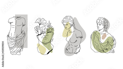 Antique Greek aesthetics, ancient greece statues of a goddess with abstract shapes, vector black white outline sculptures of peoples, hand drawn floral composition, vector isolated clip art