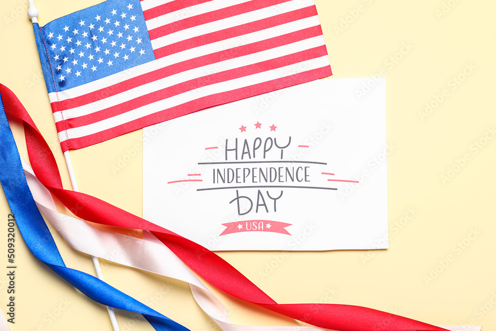 Fototapeta premium American flag and happy independence day card with red white blue ribbons on yellow background, this composition represents the celebration of the fourth of july, patriotism and national pride