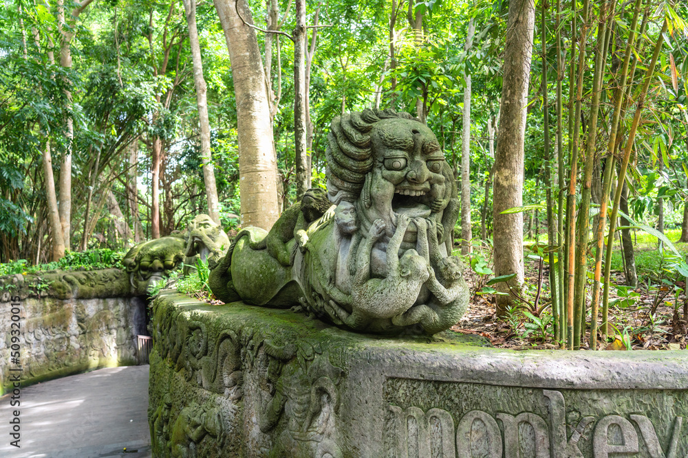 Statue at entry to Sacred Monkey Forest, close view, Ubud, Bali, Indonesia