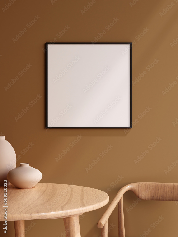 Minimalist square black poster or photo frame in modern living room wall interior design with vase and shadow. 3d rendering. Minimalist square black poster or photo frame in modern living room wall interior design with vase and shadow. 3d rendering.