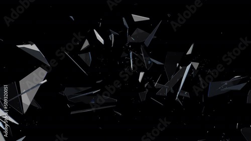 Glass shatter breaking into a small piece of debris in slow motion with transparent background.