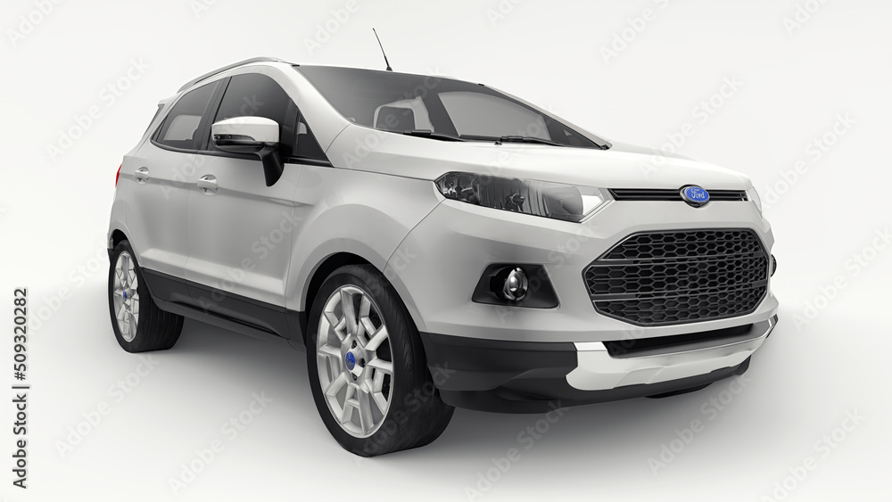 Illustrazione Stock Paris, France. June 11, 2021: Ford EcoSport 2016 white  compact city SUV isolated on white background. 3d rendering. | Adobe Stock
