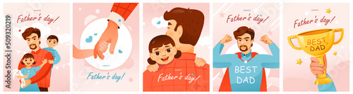 A set of postcards for Father's Day. The best dad. Father with children. Cartoon vector illustration