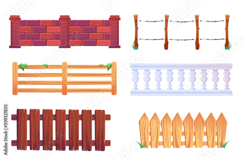 Wooden picket fence, barrier with barbwire, stone balustrade and brick wall. Vector cartoon set of different fences for garden, farm paddock, house terrace, backyard and ranch