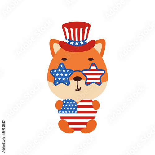 Cute little fox holding heart in USA patriotic hat and glasses. Cartoon animal character for kids t-shirt, decoration, baby shower, greeting card, house interior. Vector stock illustration