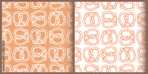 Collection of abstract backgrounds. Seamless pattern for printing on wrapping paper, fabric, background. Hand drawn pretzel in white and brown colors. Vector seamless pattern with pastries. 