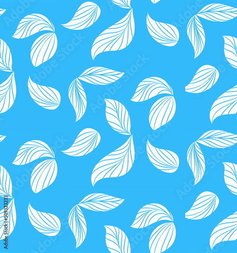 Floral vector seamless pattern with hand drawn blue flowers on colorful leaves - Moire outline illustration © Barbara Marini