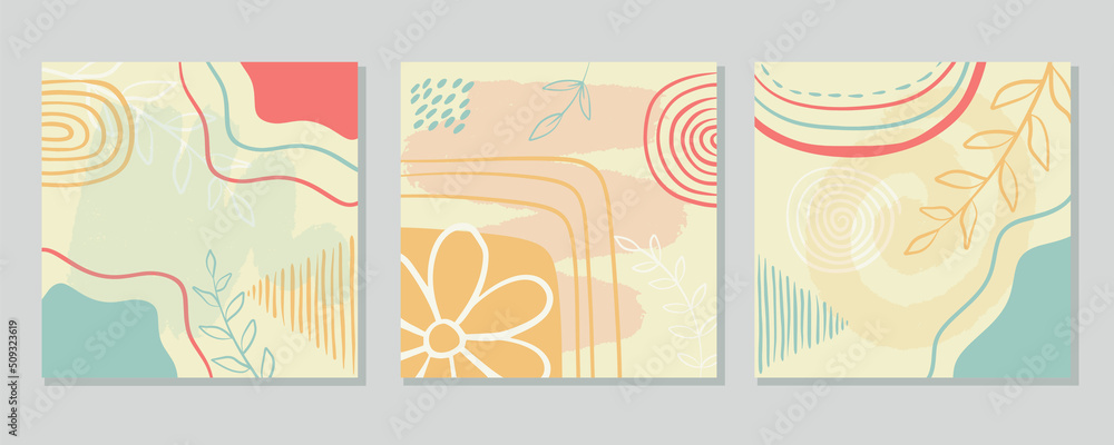 Set square abstract backgrounds with geometric and botanical elements. Templates for publications in social networks, for advertising and banners. Trendy hand drawn vintage cards vector