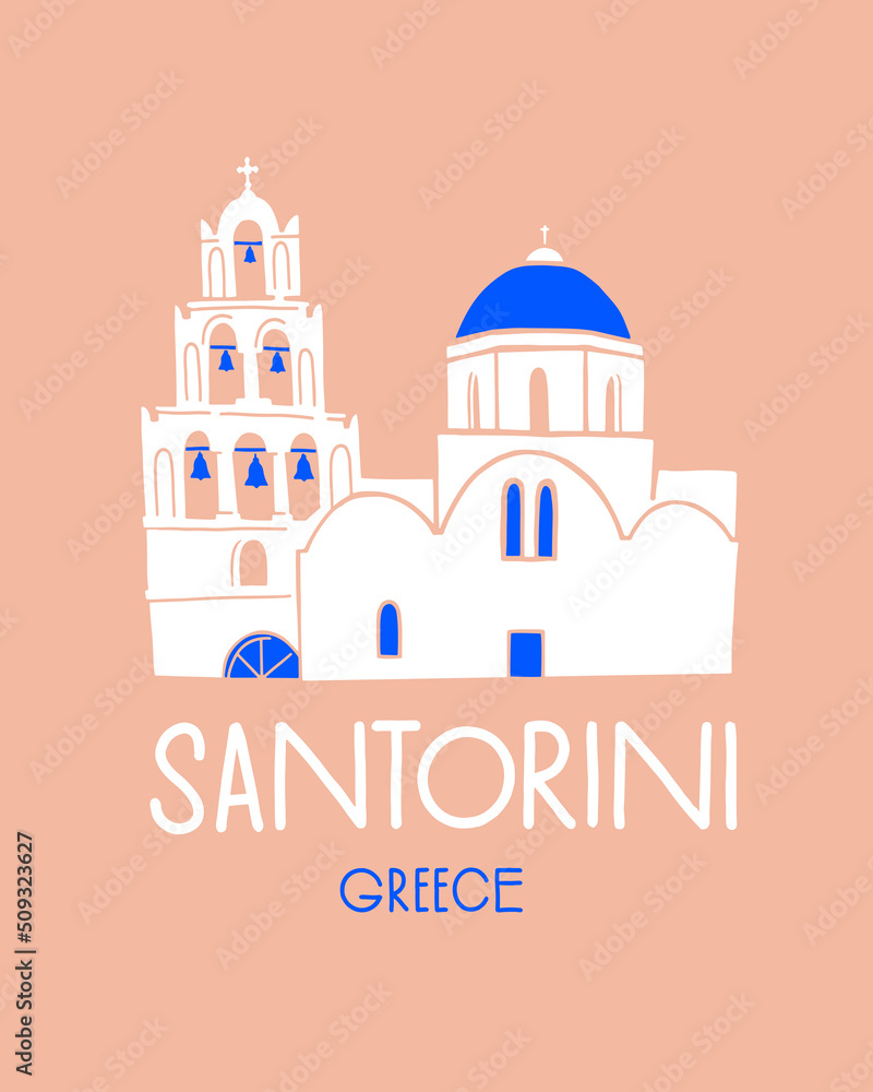 Obraz premium Traditional white church with a blue roof. Greek architecture of Santorini Island. Design element for souvenir products. Vector illustration isolated.