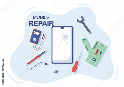 Mobile Repair of a Telephone or Smartphone Electronics Service with Broken Screen and Machine Breakdown in Flat Cartoon Illustration
