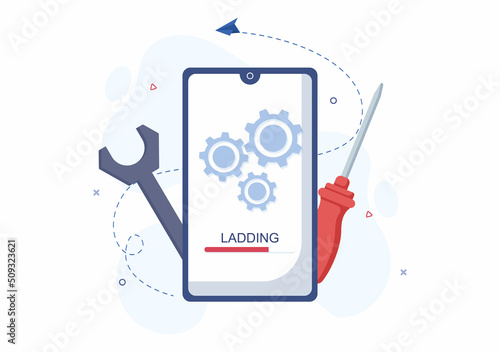 Mobile Repair of a Telephone or Smartphone Electronics Service with Broken Screen and Machine Breakdown in Flat Cartoon Illustration