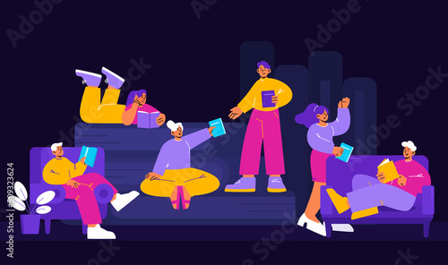 People read, exchange and borrow books in library, reading club. Vector flat illustration of bookcrossing concept with men and women with literature isolated on black background