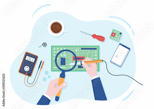 Mobile Repair of a Telephone or Smartphone Electronics Service with Broken Screen and Machine Breakdown in Flat Cartoon Illustration