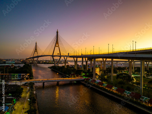 Aerial view of Bhumibol Bridge in Samut Prakan, Bangkok, Thailand