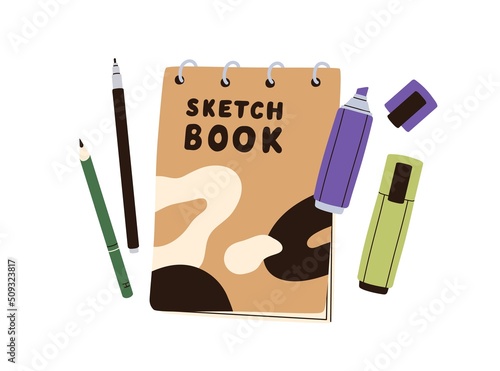 Sketchbook, pencils, markers for drawing and calligraphy art. Notebook, tools...