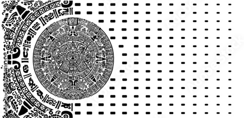 Mayan Calendar Vector on a white background.
Abstract design with an ancient Mayan ornament.
Images of characters of ancient American Indians.The Aztecs, Mayans, Incas.
The Mayan alphabet. photo
