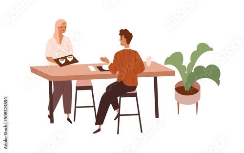 People at dining table, eating food in office canteen. Colleagues having meal, business lunch. Happy man and woman in cafeteria, foodcourt. Flat vector illustration isolated on white background
