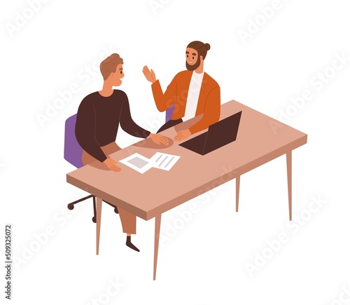 People talking at workplace. Office workers colleagues communication. Employees working under business project together, sitting at table. Flat vector illustration isolated on white background