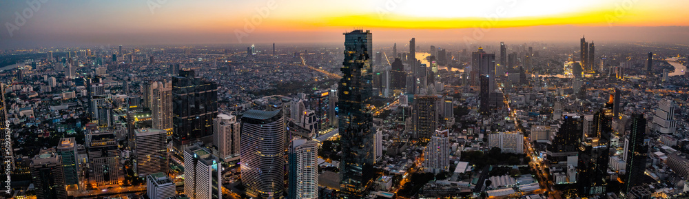 Obraz premium Aerial view of King Power Mahanakhon tower in Sathorn Silom central business district of Bangkok, Thailand