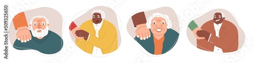 Man or woman hand on shoulder elderly people to comfort them. Elderly and hand of caregiver. Help and Care Old People Concept. Set of hand drawn vector illustrations isolated on white background.