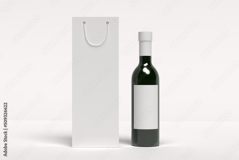 3d render mockup bottles of wine, champagne with an empty label and paper bag with a place for design