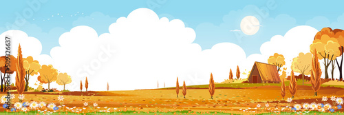 Autumn fields landscape with mountain,blue sky,cloud with copy space,Panorama Fall rural nature with range foliage, Cartoon vector illustration banner for Thankgiving or Mid autumn festival background