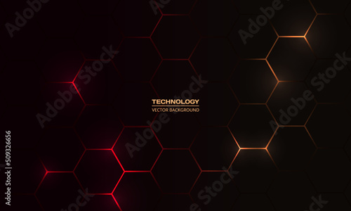 Black hexagonal technology abstract vector background with red and orange colored bright flashes under hexagon. Hexagonal gaming vector abstract background.