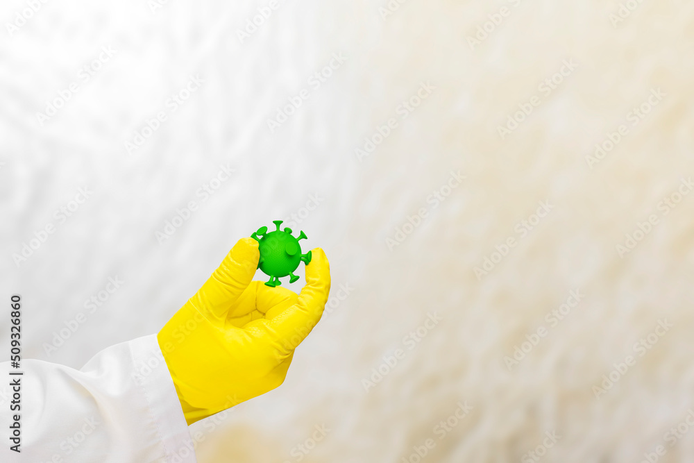 Obraz premium A doctor in a medical gown and protective gloves holds a virus in his hand. The face is not visible. The concept of healthcare and infection protection.