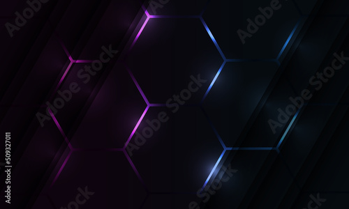 Dark hexagon gaming abstract vector background with pink and blue colored bright flashes. Vector illustration