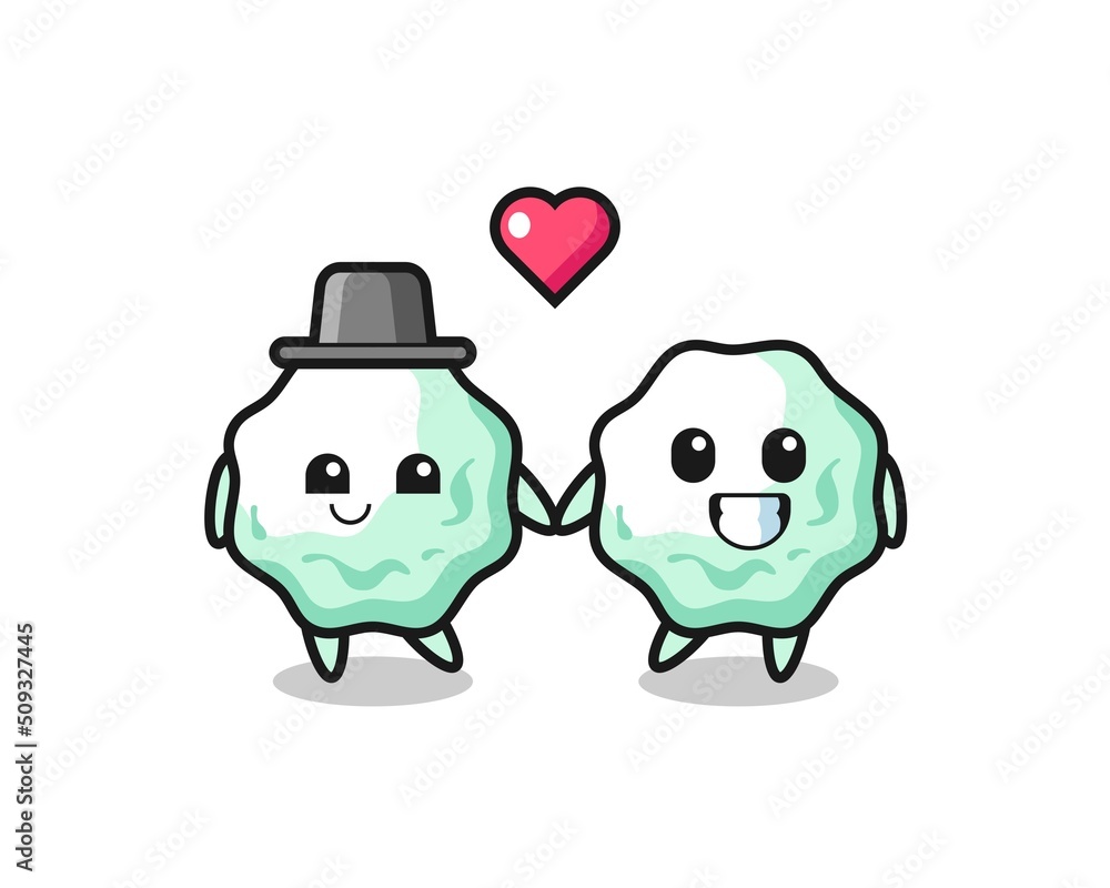 chewing gum cartoon character couple with fall in love gesture