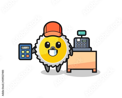 Illustration of saw blade character as a cashier